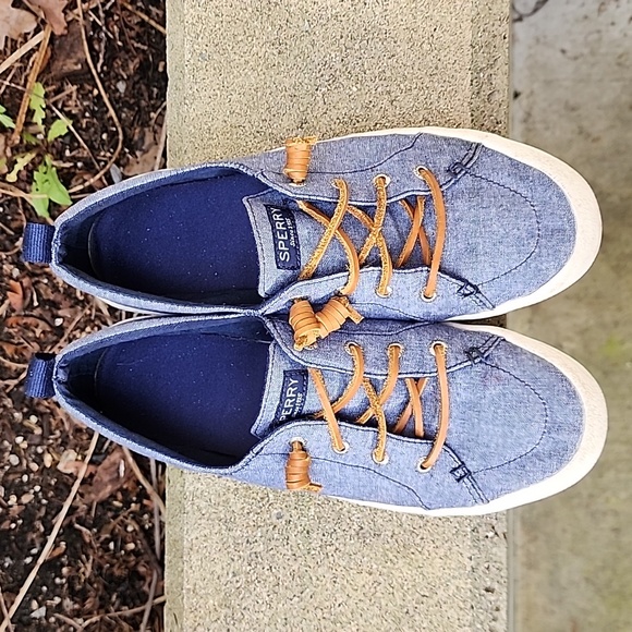 Sperry Shoes - Sperry topside denim sneakers with leather tassels, sz 9.5